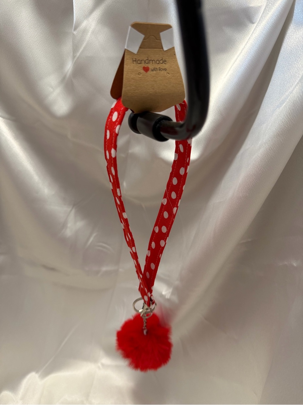Handmade Red and White Polka Dot Wristlet Keychain with Red Pompom